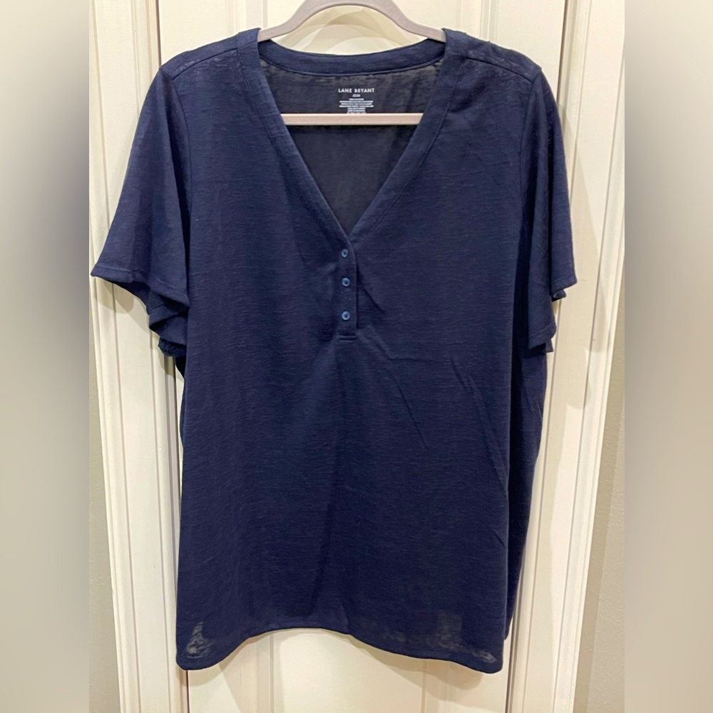🏷️ Lane Bryant Burn Out Henley Tee in Navy Blue sz 22/24 Like New Condition